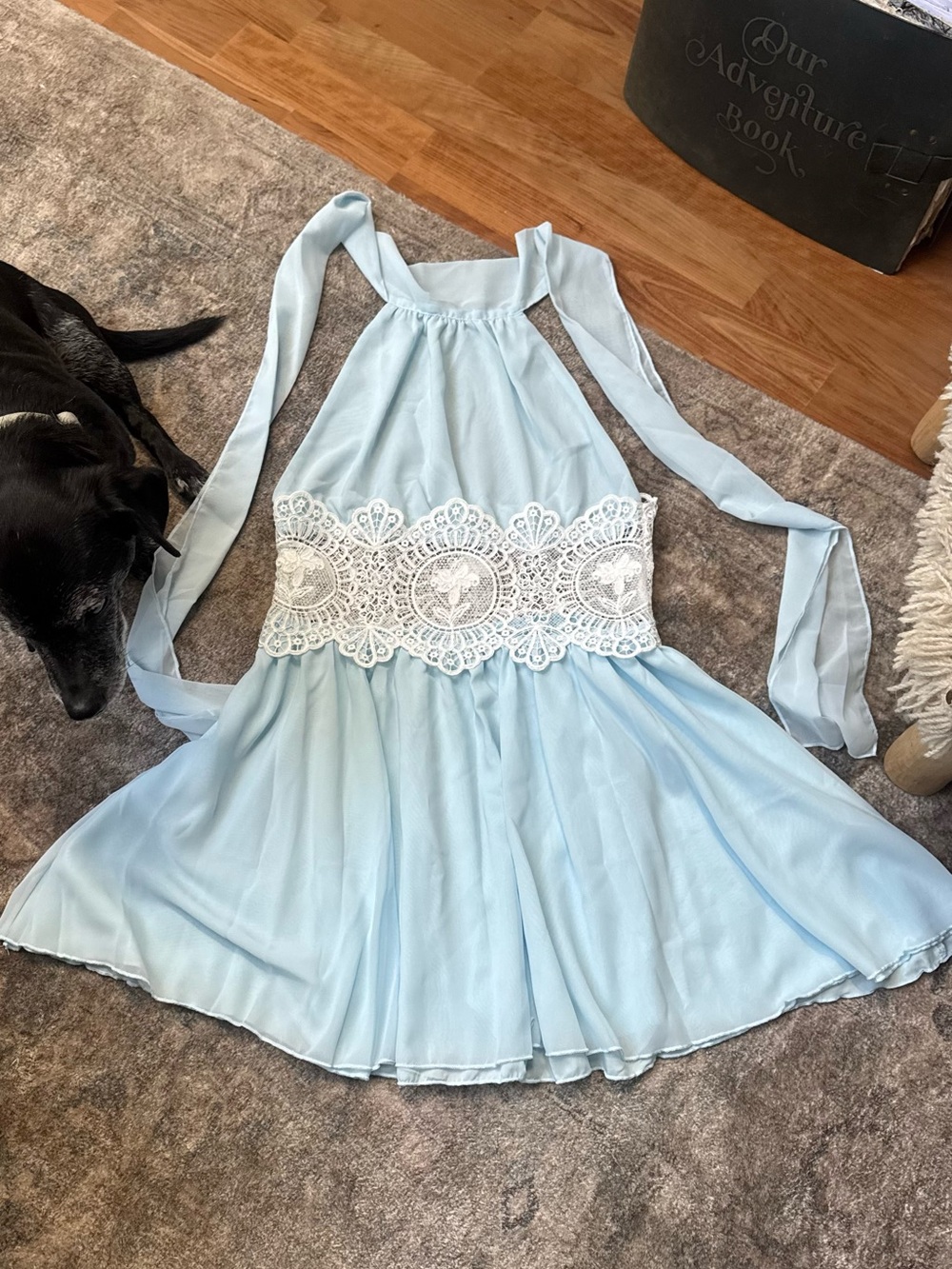 Retrofete Light Blue Mini Dress with White Lace Waist